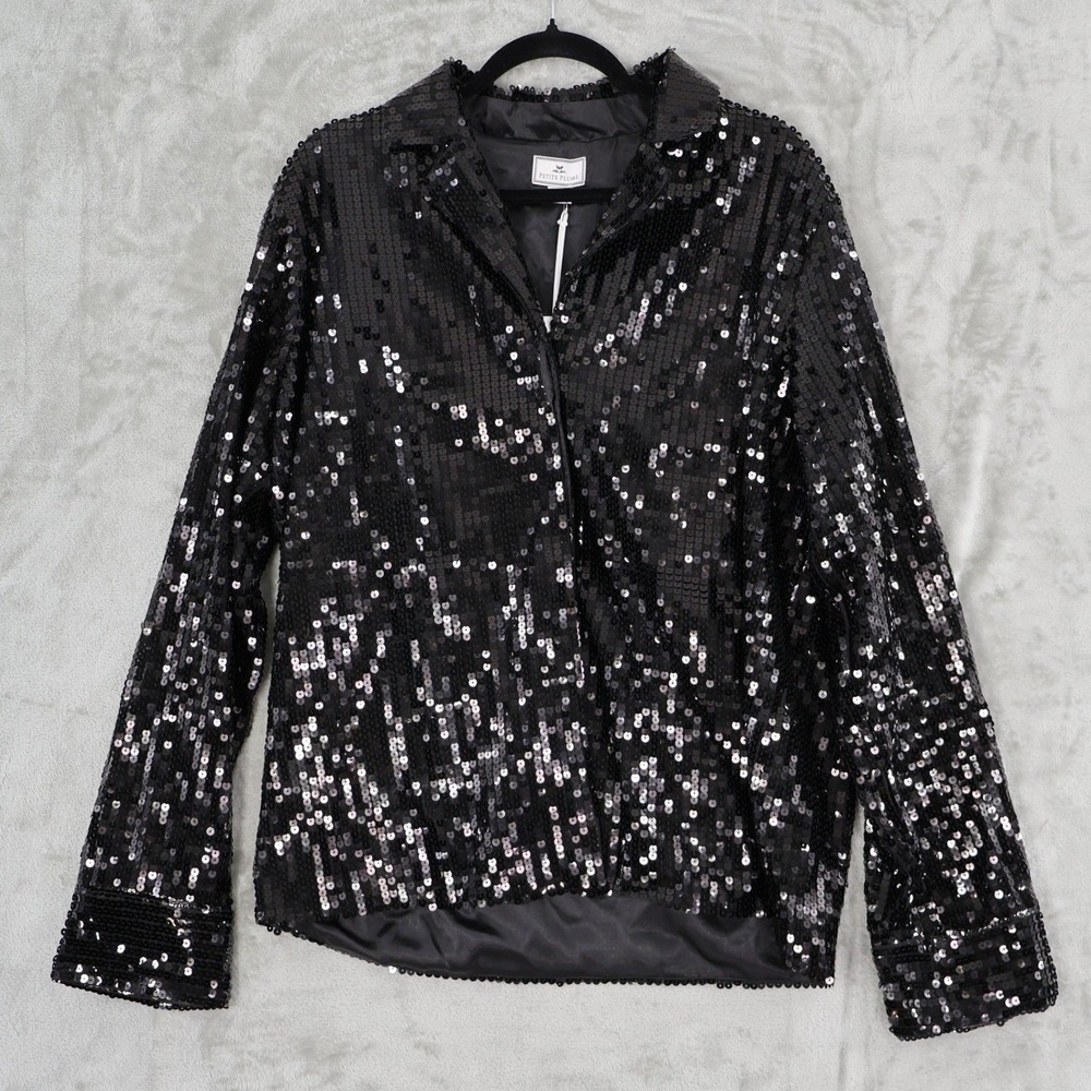 Petite Plume Sequined Cotton Pajama Top Womens L Black Luxury Lounge Party NWT